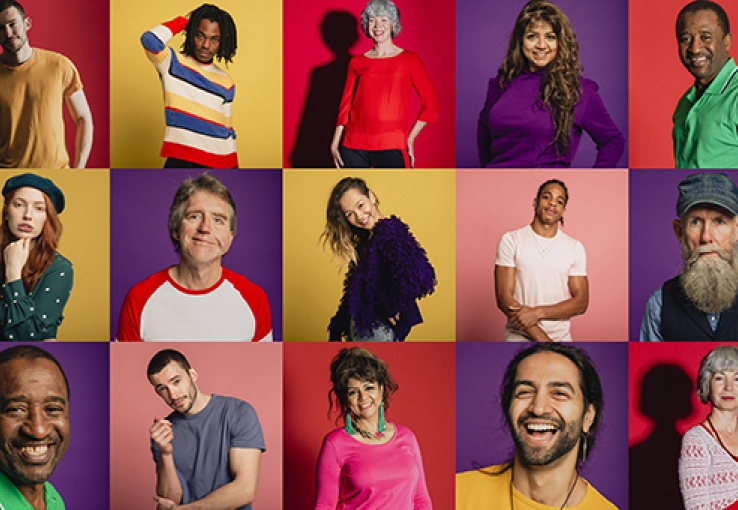 colorful grid of multiple people of different ages, genders, and races
