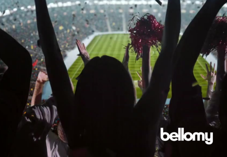 Cheering fans at a football game with field in the background