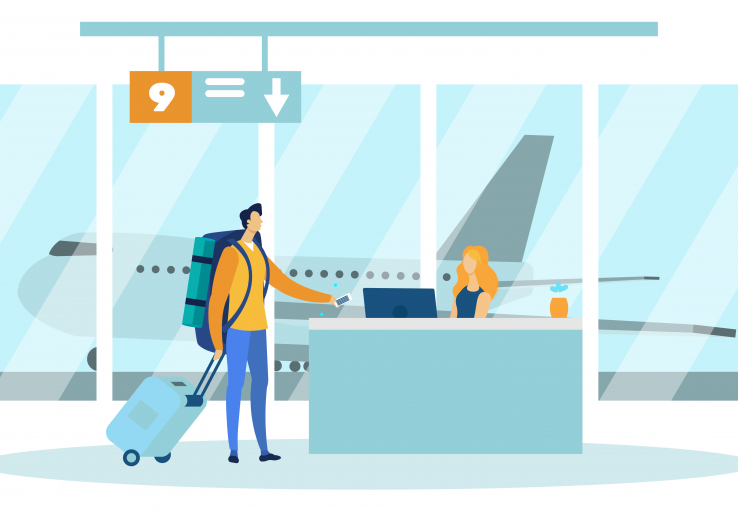 Illustration of a man at the airport to show that taking a flight is a customer experience journey that includes multiple touch points. 